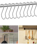 Ten Pack Heavy Duty Stainless Steel S Hooks for Hanging 3.07 Inch S Shaped Hangers for Plants, Pots, Pans, Cups, and Clothes, displayed on rods in a kitchen setting.
