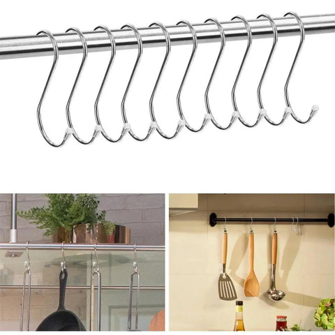 Ten Pack Heavy Duty Stainless Steel S Hooks for Hanging 3.07 Inch S Shaped Hangers for Plants, Pots, Pans, Cups, and Clothes, displayed on rods in a kitchen setting.