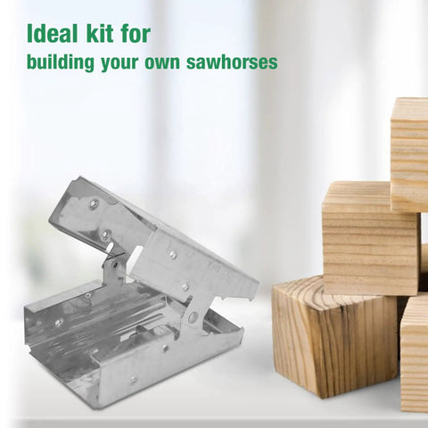 2 Piece Sawhorse Brackets And Display Stand Kit For Woodworking Clamps positioned next to wooden blocks for DIY projects.