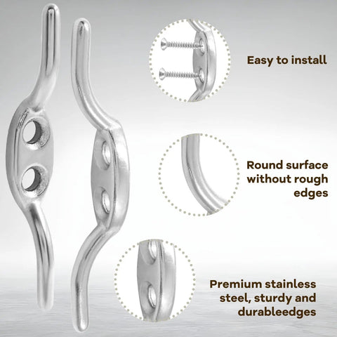 4 Pack Stainless Steel Boat Cleats Two And A Half Inch Heavy Duty Deck Cleats For Boats And Docks With Mounting Screws 316 Stainless Corrosion Resistant Saltwater Ready Fixed Rope Ties close-up view with details on round surface and installation instructions.