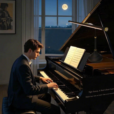 Wide 21.26 Inch Piano Lamp With LED Light Panel illuminating sheet music as a man plays a grand piano at night.