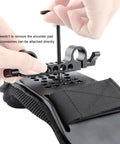 Close-up of a Steady Shoulder Mount And Pad For DSLR Camcorders And DV Cameras With 15mm Rail System being assembled, showing railblock