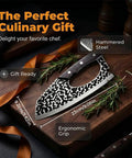 Two Pack Hand Forged Chef Knife And Cleaver Set For Home Cooking And Camping, on wooden board with rosemary and gift ribbon