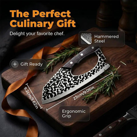 Two Pack Hand Forged Chef Knife And Cleaver Set For Home Cooking And Camping, on wooden board with rosemary and gift ribbon