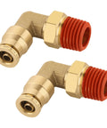 Brass 1/4in push-to-connect 90-degree elbow fittings (2pcs) with red sealing ends for air brake line