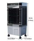 Top Shelf Portable Evaporative Air Cooler With Remote 12H Timer Spacious Water Tank 4 Ice Pads 3 Speeds 90 Oscillation with dimensions shown.