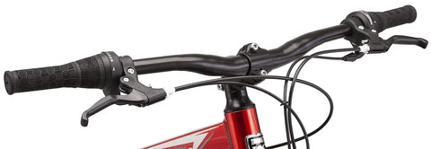 Handlebars of Flatrock DX Mountain Bike With 29 Inch Wheels 21 Speed Drivetrain Aluminum Frame Front Suspension Twist Shifters And Mechanical Disc Brakes