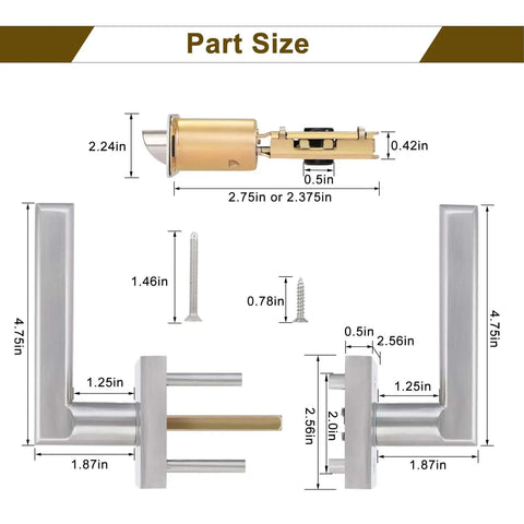 Six Pack Interior Door Levers For Passage Doors No Locking Heavy Duty Satin Nickel Finish With Square Plates Reversible part dimensions