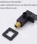 Adjustable shower head holder made of black stainless steel; suitable for various angles in bathroom setups.