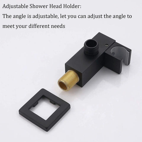 Adjustable shower head holder with matte black finish and brass fitting, compatible with Top Shelf Wall Mounted Rain Shower System.