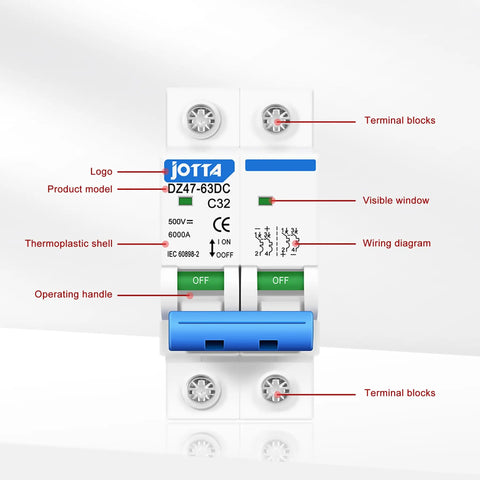 Front view of DC 500V DZ47 32A Miniature Circuit Breaker MCB 2 Pack for PV Solar Power System with labeled components.