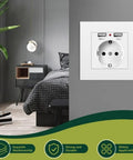 Straight Up Wall Outlet With Dual Usb Ports 5V 2 1A Fast Power 16A EU Standard plugs in a stylish bedroom setting.