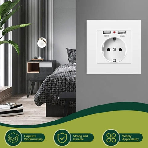 Straight Up Wall Outlet With Dual Usb Ports 5V 2 1A Fast Power 16A EU Standard plugs in a stylish bedroom setting.