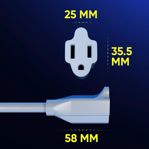 3 Foot White Extension Cord With 360 Degree Rotating Flat Plug, dimensions displayed for space saving design, UL Certified