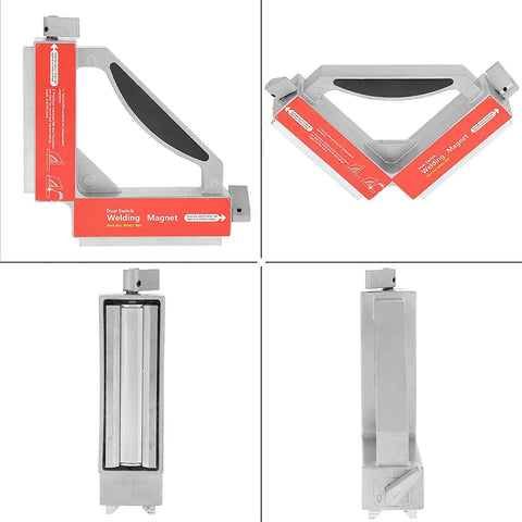 Heavy Duty Dual Switch 90 Degree Welding Magnet Fixture Holds Workpieces Tight For Precise Right Angle Jigging Tasks With Easy Release Control, showing various angles.