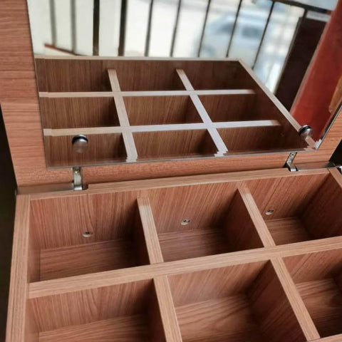 Lid Stay Torsion Soft Close Hinges For Vanity Desk And Lift Up Cabinets With Free Stop Functionality Concealed Hinges For Flip Top Mirrors Opens 105 Degrees Adjustable Load Capacity Built In Spring Zinc Alloy Slow Closing Doors And Lids installed on wooden furniture.
