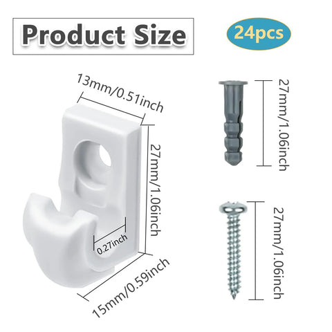 24 Pack White Wire Shelf Clips With Brackets Set for Closet Shelving includes screws and expansion tubes; product size details shown