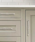 10 Pack Polished Nickel Cabinet Pulls, 3-3/4 Inch 96mm Length displayed on gray kitchen cabinets