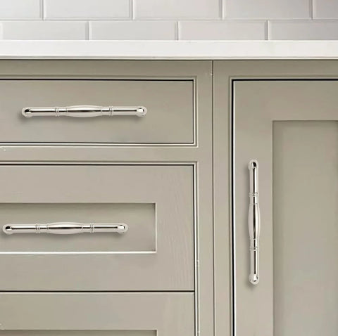 10 Pack Polished Nickel Cabinet Pulls, 3-3/4 Inch 96mm Length displayed on gray kitchen cabinets