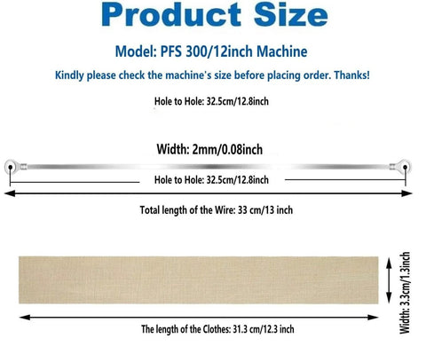 Diagram showing dimensions of heat seal strips and PTFE cloth for Six Pack Impulse Sealer Replacement Parts Set 300mm durable kit.