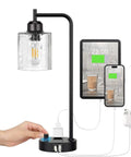 Bedside Table Lamp With USB C Charging Port And Outlets Fully Stepless Dimmable Black Desk Lamp with glass shade in use