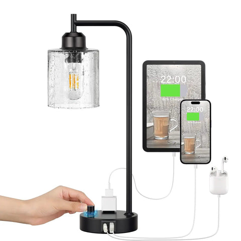 Bedside Table Lamp With USB C Charging Port And Outlets Fully Stepless Dimmable Black Desk Lamp with glass shade in use