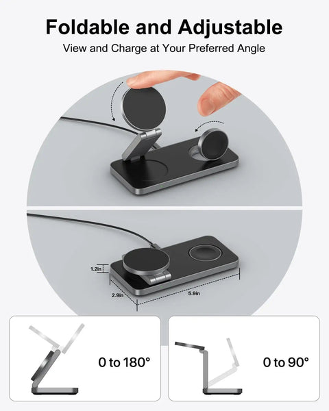 Foldable 3-In-1 Magnetic Wireless Charging Station for Galaxy Phones Watches And Buds, Fast MagSafe Style Stand in black.