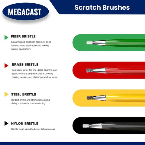 Pro Grade Four Piece Scratch Brush Set With Fiberglass, Brass, Steel And Nylon Nibs For Cleaning Jewelry and Circuit Boards.