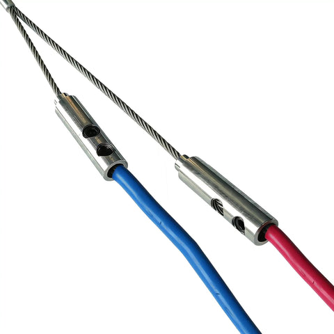 Stainless steel wire grip for heavy duty pulling, with blue and red cables connected for electricians' use.
