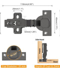 Dimensions and installation guide for 10 Pack No Slam Soft Close Cabinet Hinges With Clip On Plate Three Quarters Inch Overlay 105 Degree