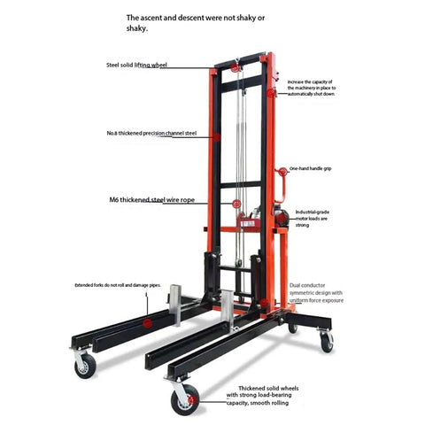 Heavy Duty Mobile Electric Pipe Lift Platform For Cold Storage Panels And Air Con Units With Six Swivel Casters For Rock Solid Loading Unloading Anywhere On The Job Site showing steel components and swivel casters.