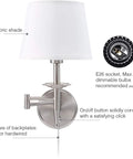 Swing Arm Wall Sconce Light With Plug In Or Hardwired Mount, brushed nickel lamp with white fabric shade and plug-in cord
