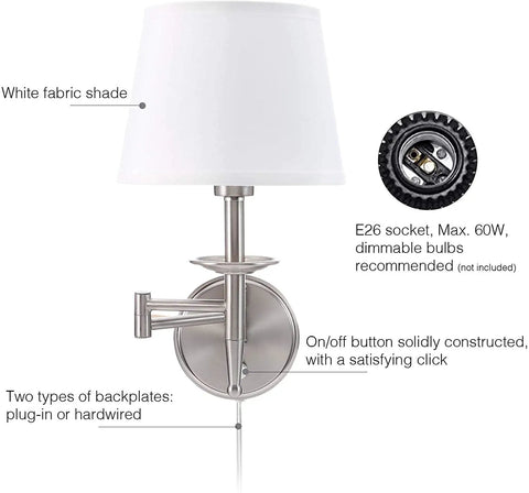 Swing Arm Wall Sconce Light With Plug In Or Hardwired Mount, brushed nickel lamp with white fabric shade and plug-in cord
