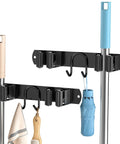 Stainless Steel Broom Holder Wall Mount 2 Pack Heavy Duty Mop Organizer With 2 Slots And 2 Hooks For Home Kitchen Garage Garden And Laundry Room Black Easy Install Durable Storage Solution.