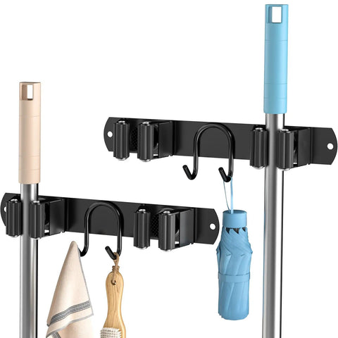 Stainless Steel Broom Holder Wall Mount 2 Pack Heavy Duty Mop Organizer With 2 Slots And 2 Hooks For Home Kitchen Garage Garden And Laundry Room Black Easy Install Durable Storage Solution.