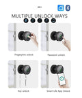 Solid Pro Grade Smart Lock Fingerprint Knob Door With Wireless APP Control Keyless Entry showcasing unlock options: fingerprint, password, key, and app.