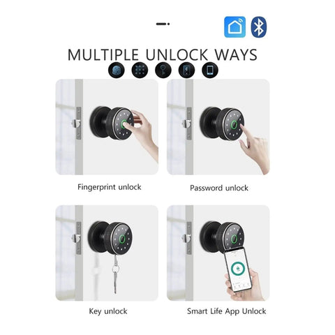 Solid Pro Grade Smart Lock Fingerprint Knob Door With Wireless APP Control Keyless Entry showcasing unlock options: fingerprint, password, key, and app.