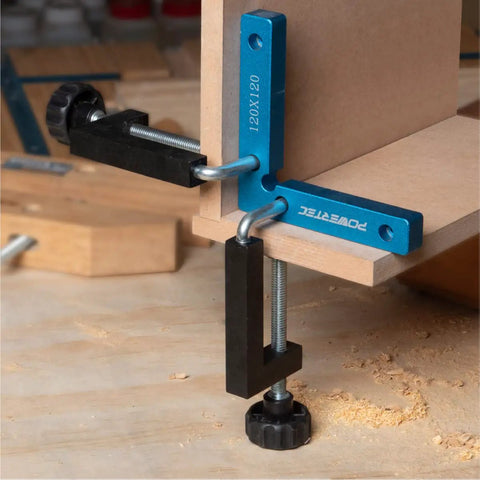 Heavy Duty 40 Piece Universal Fence Clamps For Woodworking With Durable Steel Threaded Rods securing wood at a right angle.