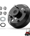 OEM Style Brake Drum Hub Assembly For EZGO TXT Golf Carts Includes All Mounting Bolts For 1982 Up Electric And Gas Models, black metal with fasteners.
