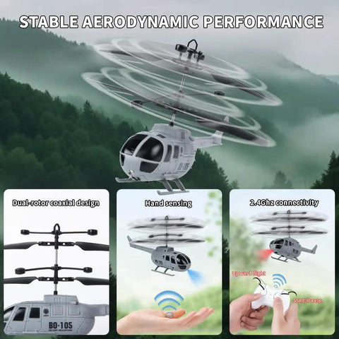 Two Pack RC Attack Helicopters For Kids And Teens, Army Style Copters With Realistic Sounds And Lights display features.