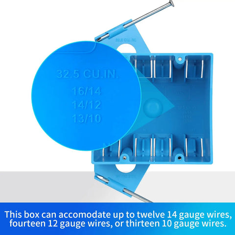 Two Gang Nail On Electrical Box Made From PVC Plastic For New Work Wall Installations In Blue Color With 32 Cubic Inches Of Capacity ETL Certified No Knockouts And Fixed Nails For Quick Durable Switch And Outlet Setups For Easy Installations
