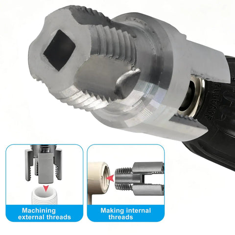 Close-up of Seimneire 3 Pack Pipe Threading Kit for 1, 3/4 and 1/2 inch pipes with dual function cutter for threading.