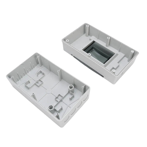 Industrial Grade IP66 Weatherproof DC Circuit Breaker Box Built Like A Tank Plastic Enclosure For Solar Battery MCCB Outdoor Electrical Junction Box halves, showing interior features and gray plastic material.