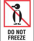 Illustration of a penguin with a red cross line and text 'Do Not Freeze' indicating storage instructions.