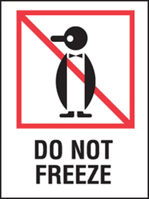 Illustration of a penguin with a red cross line and text 'Do Not Freeze' indicating storage instructions.