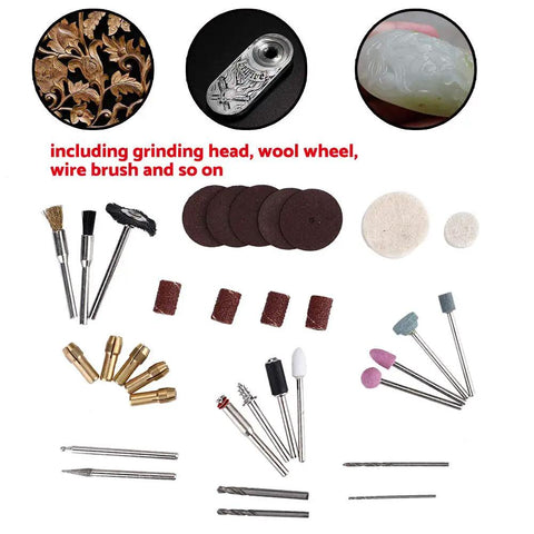 Image of Badass 34 Piece Electric Rotary Tool Accessory Kit For Grinding Polishing Engraving, detailing various bits and wheels.