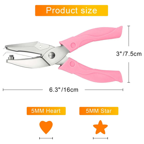 2 Pack Handheld Hole Punch Set With Heart And Star Shape Punches, stainless steel, ergonomic pink handles, size measurements displayed