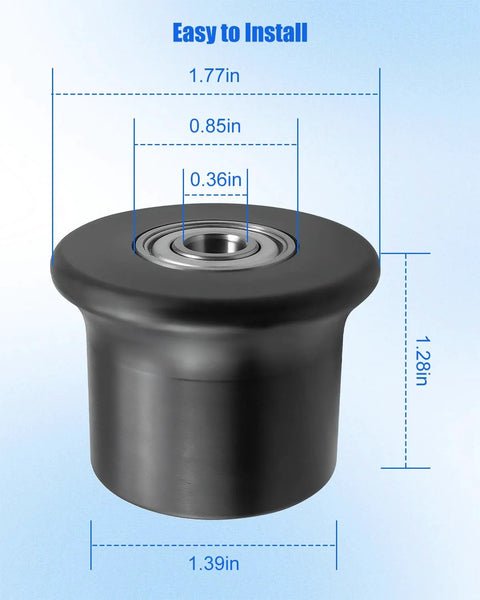 Close-up of Six Piece Rolling Seat Trolley Wheels Replacement with dimensions, compatible with Blaze Classic Elite Motivator 2 PR1000.