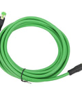 Industrial Cat6 RJ45 Ethernet Patch Cord 5m IP67 Tough 24 AWG Cable for Factory Automation and Control Cabinets High Speed Data Link for Machinery and Industrial Equipment Rugged Built For The Shop Floor Industrial Grade Performance, green coiled cable with sealed connectors