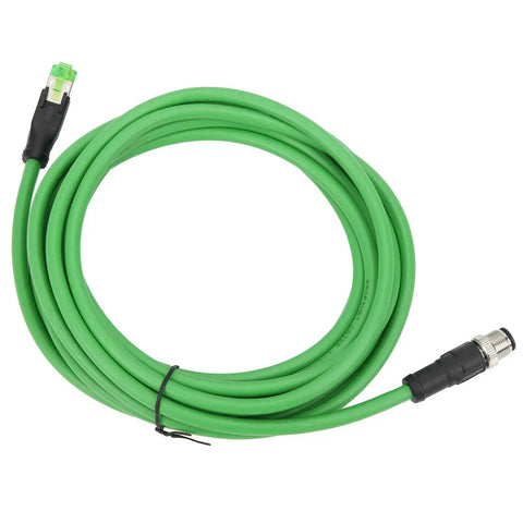 Industrial Cat6 RJ45 Ethernet Patch Cord 5m IP67 Tough 24 AWG Cable for Factory Automation and Control Cabinets High Speed Data Link for Machinery and Industrial Equipment Rugged Built For The Shop Floor Industrial Grade Performance, green coiled cable with sealed connectors